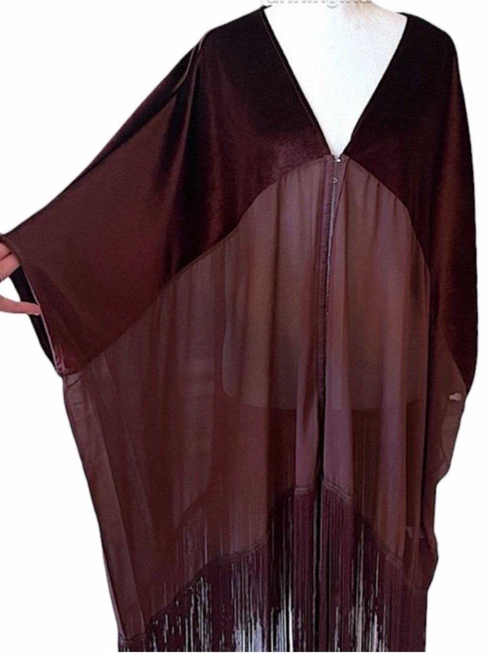 Free People Velvet Dreams Fringe Kimono Aubergine One Size OS Boho NWOT - Picture 9 of 15